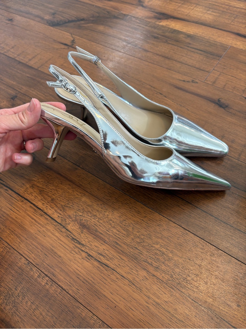 Sam Edelman Bianka Slingback Pumps Silver Metallic Pointed Toe Kitten Heel 8